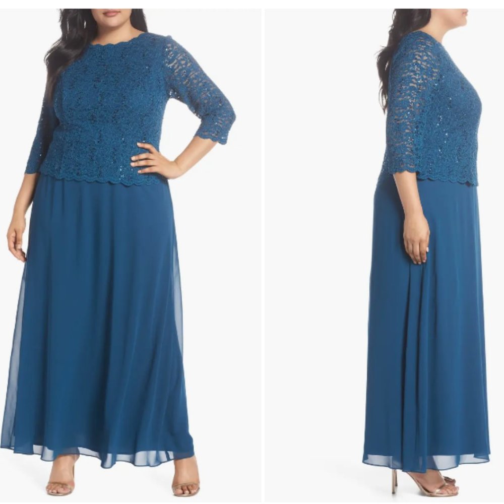 Alex Evenings Mock Two-Piece A-Line Gown | Size 18 | Peacock Blue